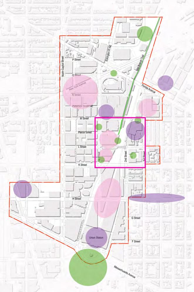 Opportunities The planning process considered multiple factors when evaluating opportunity sites for signature spaces and streetscape enhancements including the locations of: Existing and or