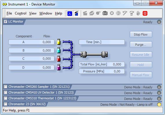 4 Using the control module Clarity Control Module 4.2.4 Device Monitor The pump status dialog can be invoked by the Monitor - Device Monitor command from the Instrument window.