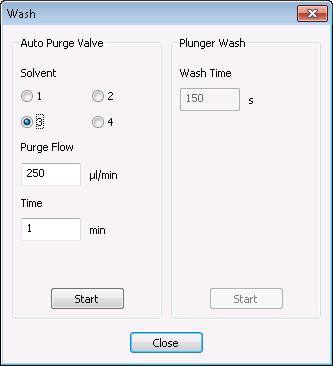 AutoPurge Allows to perform Auto Purge (when pump has this option enabled) using following dialog: Fig 15: AutoPurge - Wash Auto Purge Valve Allows to set the