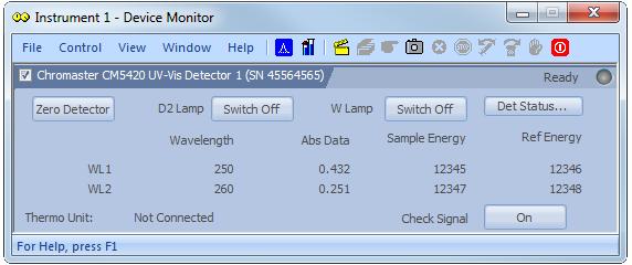 Hitachi Chromaster 4 Using the control module 4.5.4 Device Monitor The Device Monitor window can be invoked by the Monitor - Device Monitor command from the Instrument window.