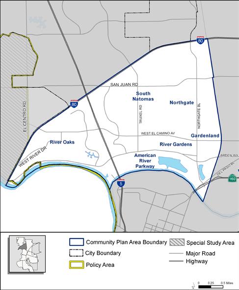 SOUTH NATOMAS COMMUNITY PLAN Community Location The South Natomas Community Plan Area is located north of Downtown Sacramento, across the American River.