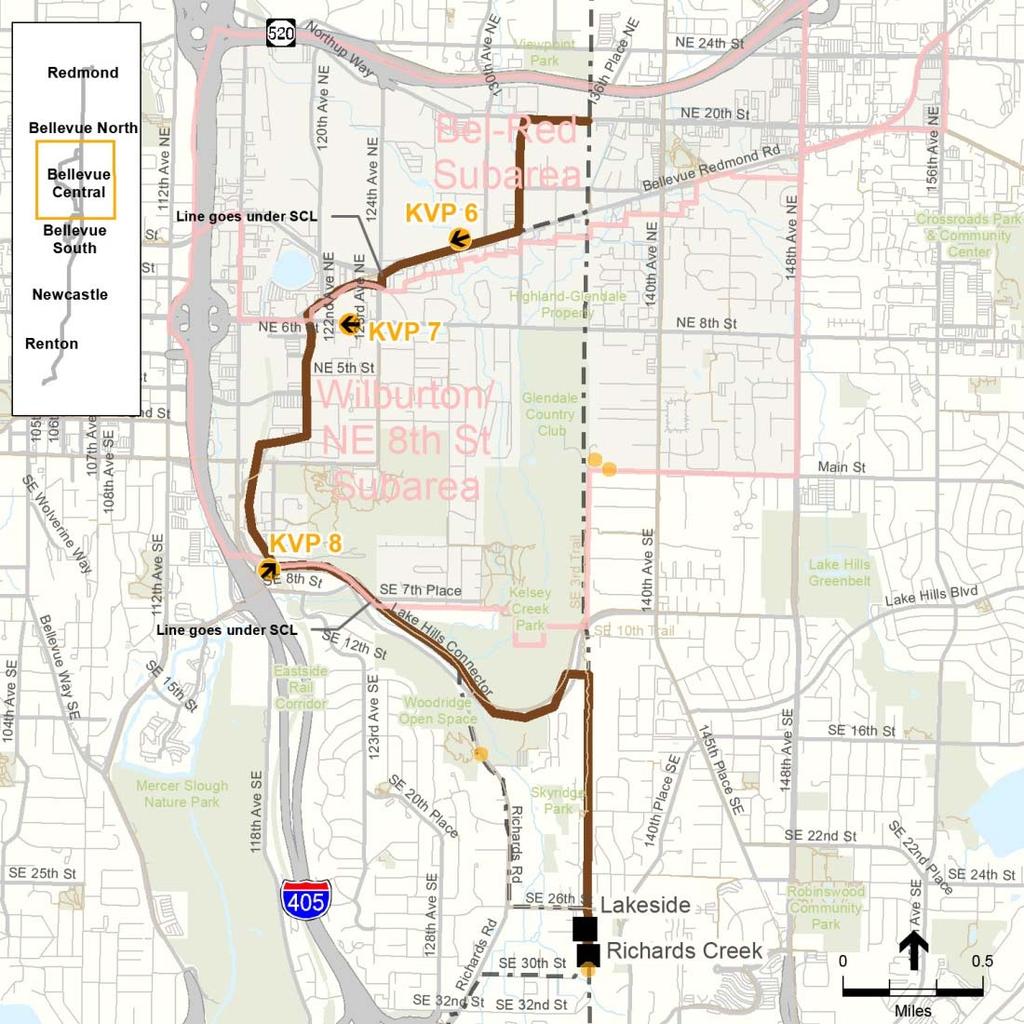 Bellevue Central Segment, Bypass Option 1 Bypass Option 1 would be located in a new corridor and would have a high degree of contrast with the existing aesthetic environment due to the introduction