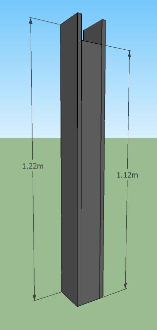 The chimney is made out 5 pieces of plywood. The two sides are 1.22m x 0.14m and the front and back of the chimney are 1.12m x 0.10m.