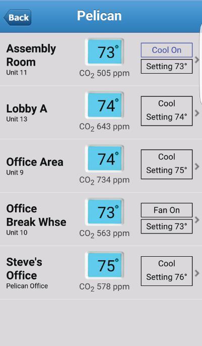A QUICK LOOK AT A GROUP OF THERMOSTATS WITH HUMIDITY Select a Group from the Pelican Web App home screen to view thermostats.