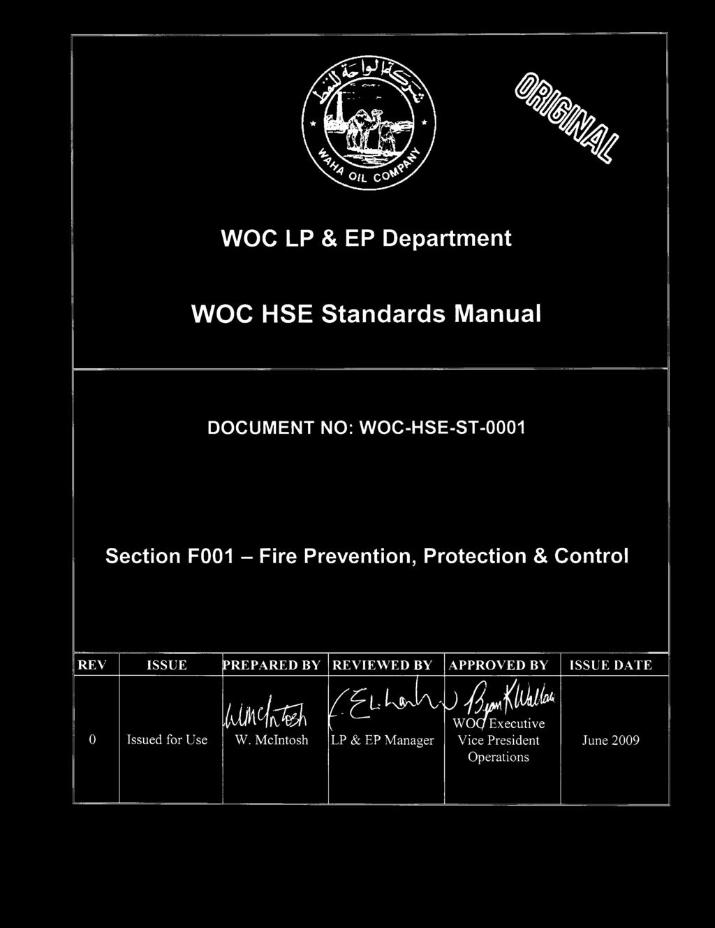 F001 - Fire Prevention, Protection & Control REV ISSUE PREPARED BY REVIEWED BY
