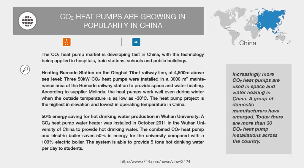 case: CO 2 heat pumps in China Bumade station on the Qinghai-Tibet railway line: three 50kW heat pumps are operating at 4,800m above the sea level for space and water heating - they work well even