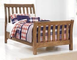 B595 Birnalla (Signature Design) Made with select Mindi veneers and hardwood solids in a light brown finish Sleigh shaped bed features wide open slat design Cases have block posts with cut through