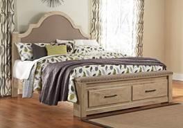 replicated oak grain and authentic touch Headboard features upholstered panel Storage footboard includes upholstered bench