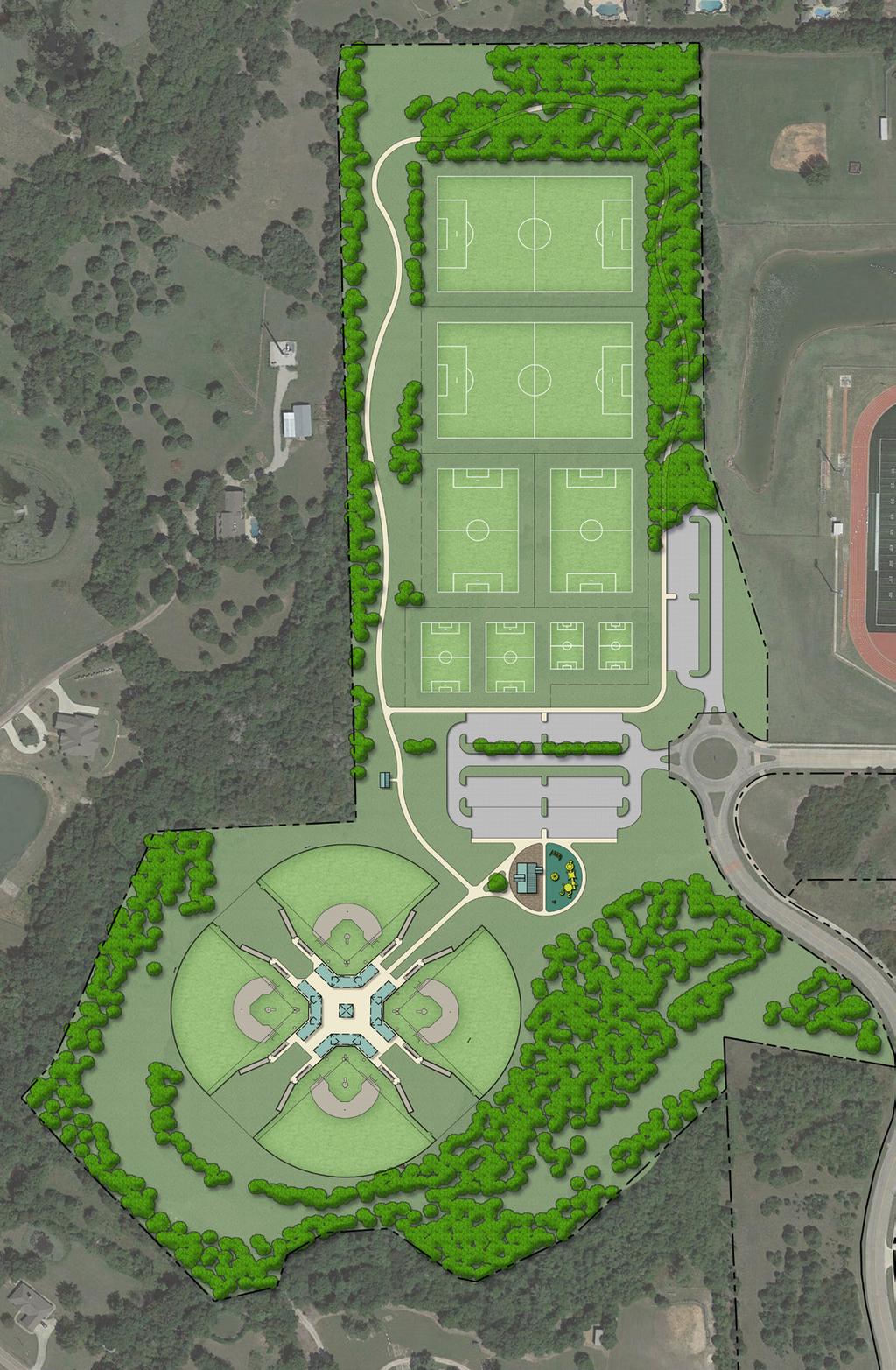 Action: Master plan and design a phased Sports and Events Complex including, but not limited to, the following: Soccer, baseball, and softball fields Trails Splash pad Outdoor swimming pool