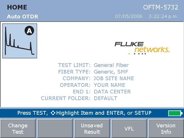 OF-500 OptiFiber Certifying OTDR Users Manual The HOME Screen The HOME screen shows important test and job settings you might need to change to configure the tester for your needs.