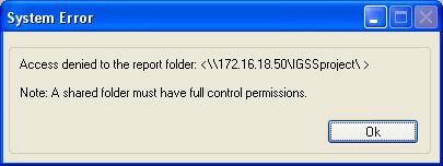 This alarm arises typically when configuring a multi-user system and looks like this: Figure 2: Cannot find the report folder warning This message indicates that the path to the IGSS application s