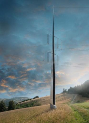 The diamond arrangement is used to carry the cables in one arm requiring a smaller sectional area than current steel lattice towers.