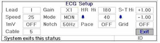 ECG PARAMETER SETTINGS Figure 5.17 ECG Setup Lead: Can choose from I, II, III,aVR,aVL,aVF, V (V1-V6). The default is I. Gain: TheECGgain,6optionsx1/4,x1/2,x1,x2,x4andAuto.