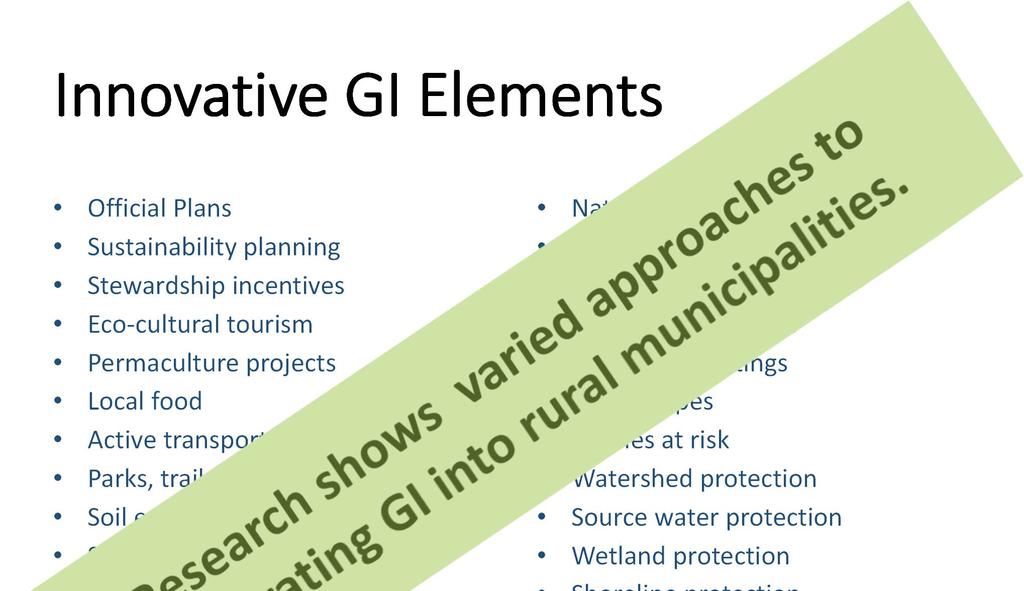 Innovative GI Elements Official Plans Sustainability planning Stewardship incentives Eco cultural tourism Permaculture projects Local