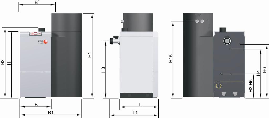 P4 Pellet Dimensions Component Unit 8 / 15 20 / 25 32 / 38 48/60 L Length, boiler 1) inches 29⅛ 29⅛ 32¼ 35½ L1 Total length inc.