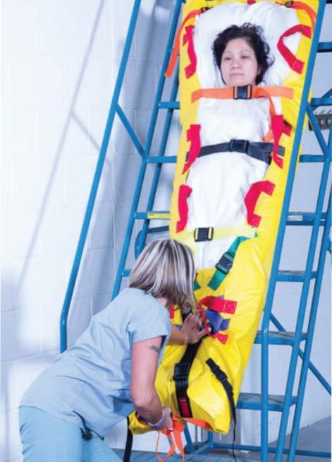 patient along hallways Transfer to the designated evacuation stairwell or holding area Vertical evacuation using underside wheels and built in foot end braking system