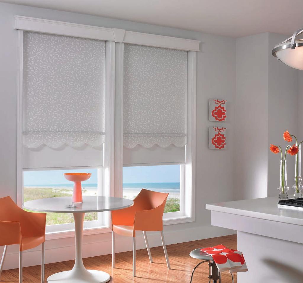 Dual Shades with Motorization: Roller Shades (Back): Cambridge Room Darkening, White 11201; Roller Shades with Classic Scallop