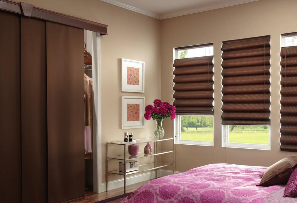 Looped Roman Shades with Corded Bottom Up/Top Down: Regal Stripe, Mocha 3225; Sliding Panels in Roman Fabric with Wand Control: Regal, Mocha T3215; 5 1/2" Noble Wood Cornice with Decorative Keystone: