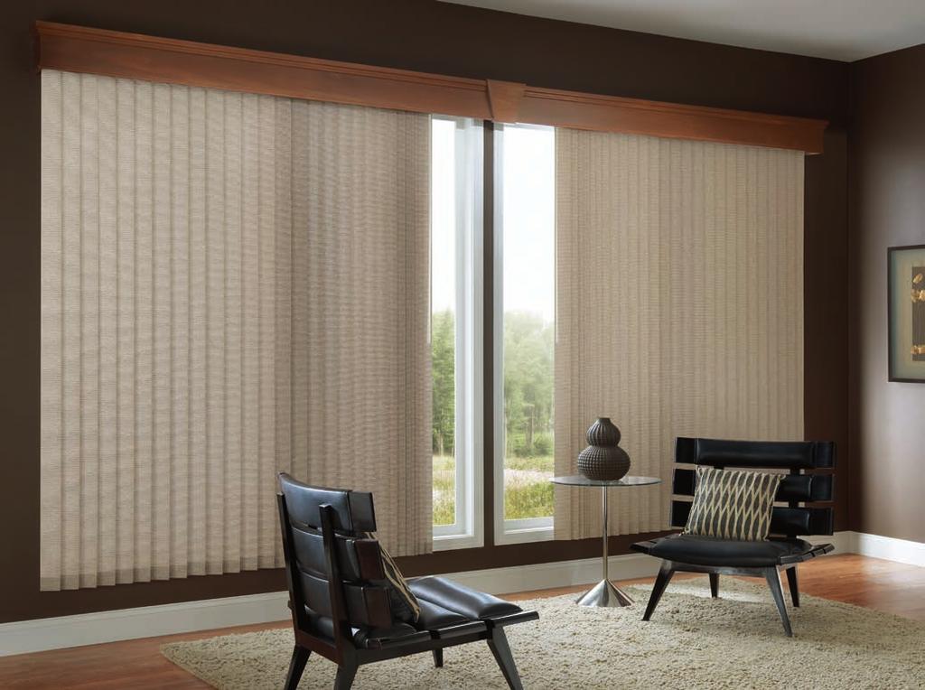 Vertical Blinds with One Touch: Devon, Plymouth 0030; 7 1/2" Noble Cornice with Keystone: Walnut 1012 VERTICAL BLINDS CAPTIVATING STYLE. Vertical Blinds dress up your large windows or patio doors.