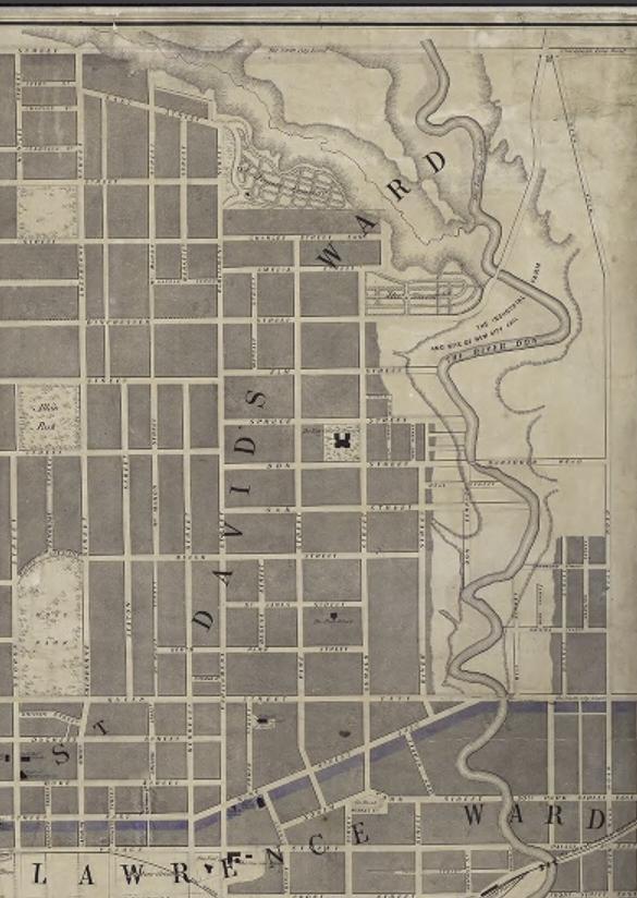2. Fleming Ridout and Schreiber, Plan of the City of Toronto (detail), 1857: showing the Mill Road, (marked by the blue arrow) heading north from Queen Street East.