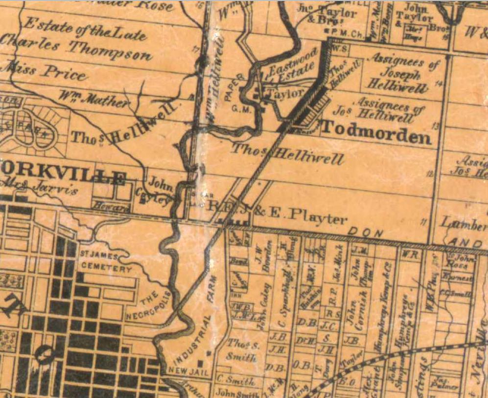 4. Tremaine, George, Map of the County of York, Canada West (detail) 1860: showing Lot 11, the Playter property with the initials of the heirs Richard Ellerbeck, John and Emanuel, subdivided with the