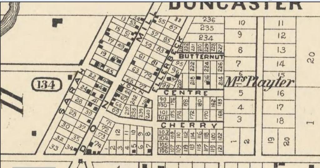 The Map also shows the development of Lot 11 and the subsequent survey and layout of streets as well the identification of the village as Doncaster.