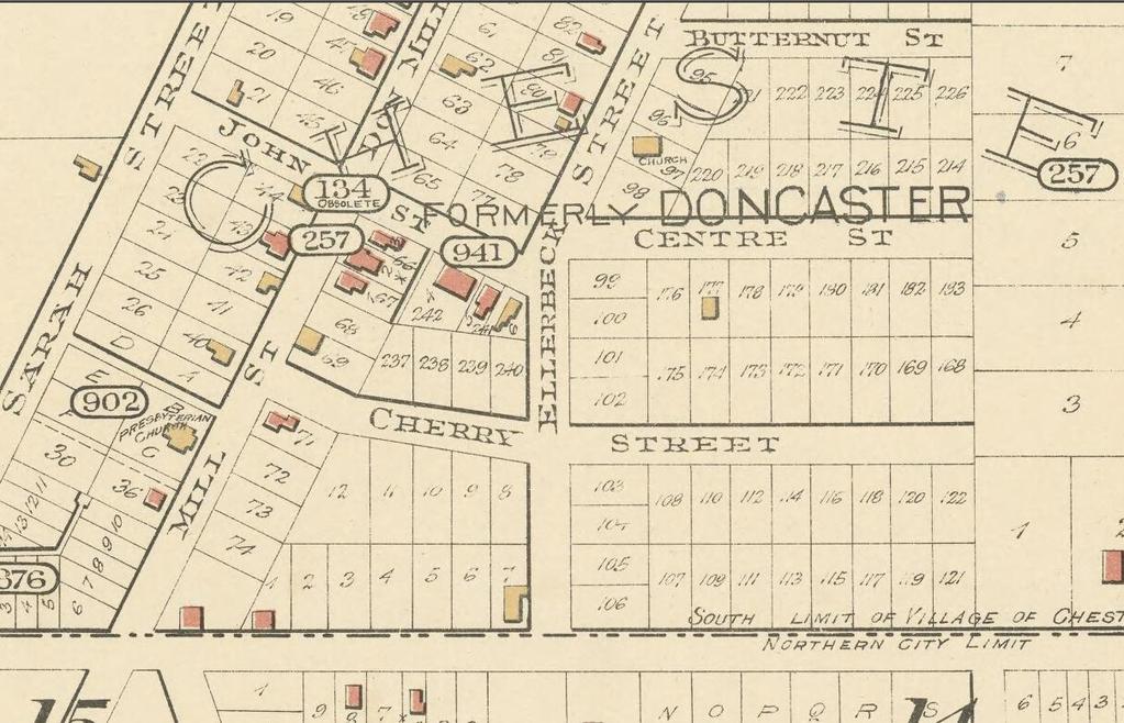 7. Goad, Atlas of the City of Toronto and Suburbs, (detail) 1890: The map shows that Lot 66 is now occupied by two properties, one with a single building on the corner of Mill St and John St.