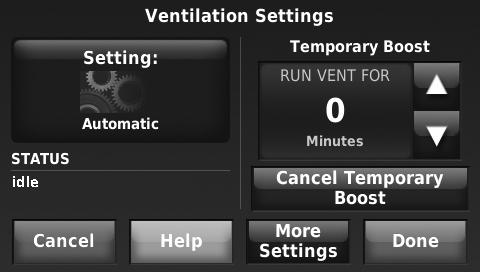 4. Press MORE SETTINGS to change maintenance reminders or set outdoor lockouts (if set to Yes, ventilation will not run when outdoor conditions exceed values set by the installer).