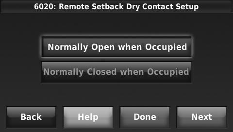 2. Select the terminals wired to the Remote Setback Dry Contact device (occupancy sensor) and press Next. 4. Select a Remote Setback Time Delay.