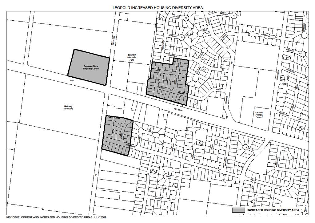 Map 2 Leopold Existing Increased Housing Diversity Areas Given the shopping centre is on the edge of town, the 400 metres incorporates two areas of less than 100 lots.