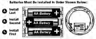 Install the three (3) AA batteries in the back of the alarm. The mounting plate must be removed from the back of the unit to install batteries.
