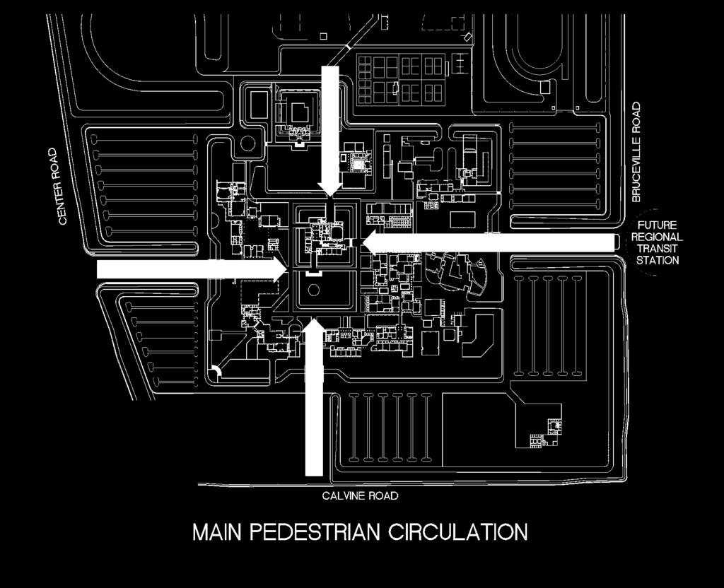 6.4 Pedestrian Circulation The grid patterned circulation concept allows for efficient pedestrian circulation between buildings.