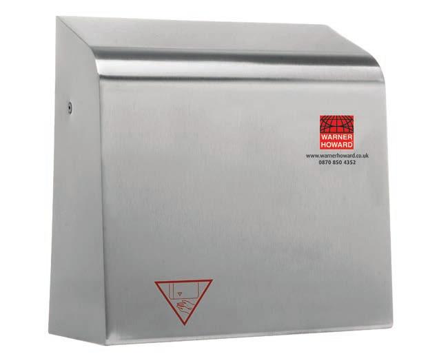 Ideal for small washrooms and low usage areas Compact and quiet Automatic no touch operation ABS polycarbonate cover 2kW / 9A / 240V / 50Hz 270 x 280 x 148 (WxHxD) 2700 rpm IP24 2.