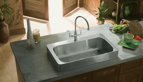 KOHLER Swerve stainless steel kitchen sink KOHLER Undertone Trough kitchen sink KOHLER Essex kitchen sink faucet Poise is a dramatic and unique undermount sink design with geometric lines, a beveled