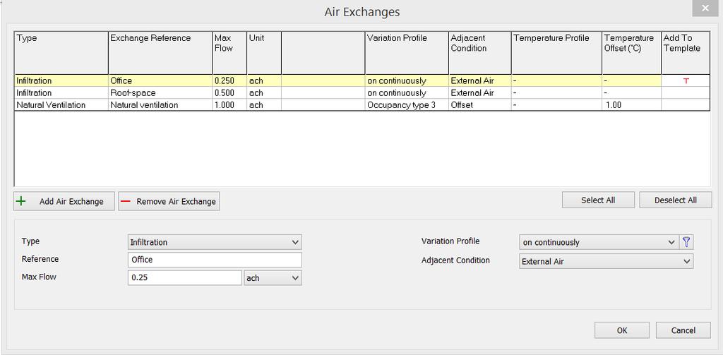 Adding an Air Exchange To add an air exchange click the Add/Edit button and the following window will appear: To add an air exchange to a template, for that air exchange click on the cell in the