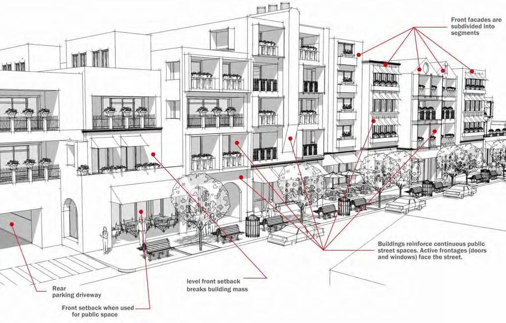 a. Façade segmentation may be accomplished through recessed façade elements. Minimum allowed façade recession should be 4 feet and may be used for roof top open space areas. b. Changes in window/balcony/façade composition c.