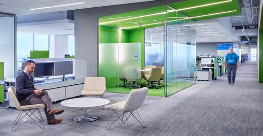 PRIVATE OFFICE FEATURES Glass walls allow for access to natural light and greater transparency between team members. Frosted glass at eye level allows for visual privacy.