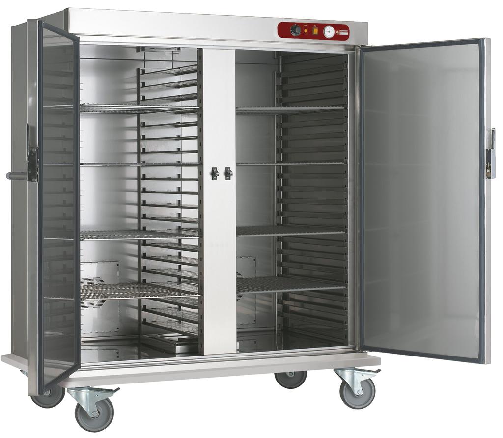 Especially designed for mainteining and serving previously prepared hot food. Food can be hold inside the trolley directly on plates by using of rod shelves or in Gastronorm pans.