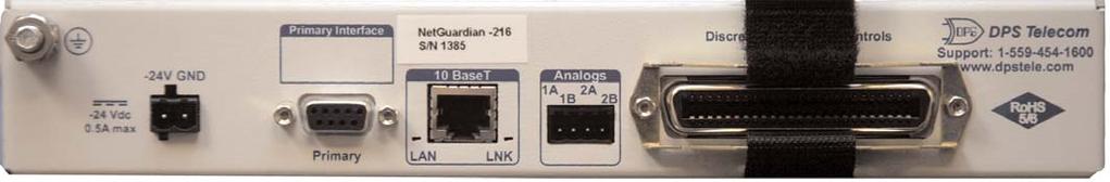 NetGuardian 216 Specifications Protocols: SNMP, DCP, DCPf, DCPx, DCP1 Discrete Inputs: 16 (reversible) Analog Inputs: 2 Analog Input Range: 90 to 90 VDC Analog Thresholds: 4 per analog input Control