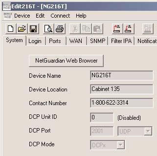 NetGuardian 216 Application Ethernet Connectivity for 7 External Devices LAN Visibility of an External Serial Device 16 Discrete Alarms 7 Analog Inputs (4 general, 1 temp, 2 batt) 2 Controls Traps or