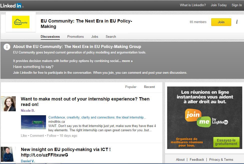 Figure 7: LinkedIn account of EU Community - http://www.linkedin.com/groups?mostrecent=&gid=7452656&trk=my_groups-tile-flipgrp 4.