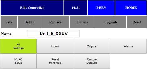 Setup Instructions 1.Press Controllers from main screen 4.Press Thermostat. 2.Select required DXUV from controller list and press appropriate controller. 3.Press All Settings. 5.