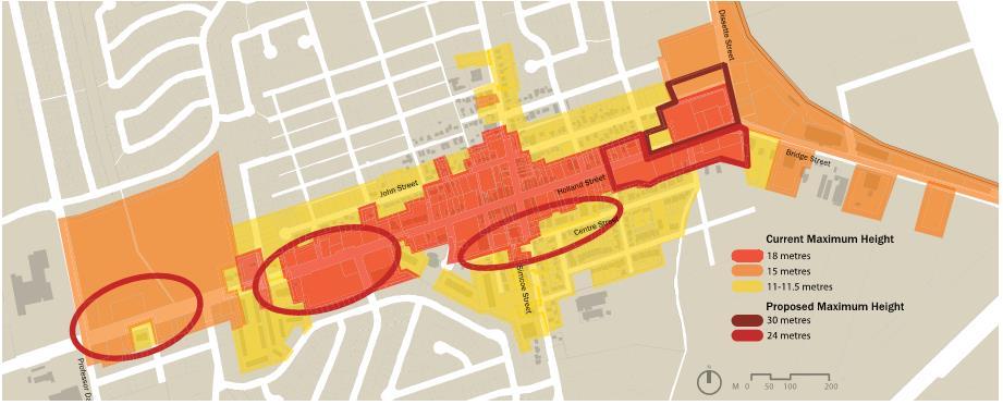 Figure 3. Current (Zoning By-law 2010-050) and proposed maximum heights from the Downtown Bradford Revitalization Strategy.