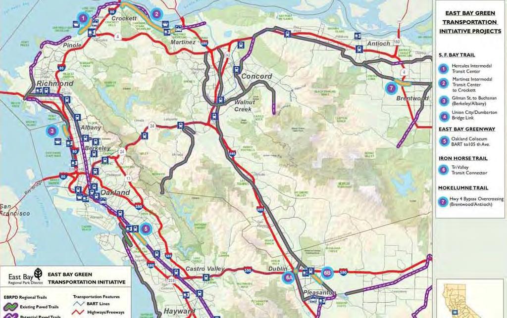 Alameda and Contra Costa Counties, CA: County-wide Planning for Bike and Pedestrian Connections to Transit In 2010, the East Bay Regional Park District received TIGER funding to connect the existing