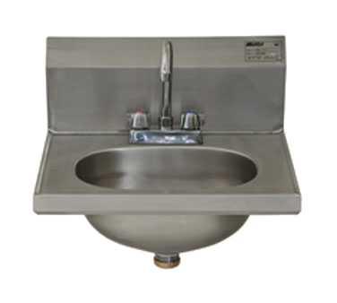 2//204 Hand Sink, wall model, 6-/2" x 8-7/8" x 4-/4", stainless steel construction, mounted gooseneck faucet, basket drain, deep-drawn seamless design-positive drain, NSF INLET OUTLET /2" /2" IN -/2"