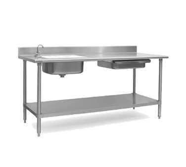 Eagle Group Model T2472SB-BS Budget Series Work Table, 72"W x 24"D, 6/430 stainless steel top with 4-/2" backsplash, rolled front edge, square turndown ends, Uni-Lok gusset system, heavy gauge s/s