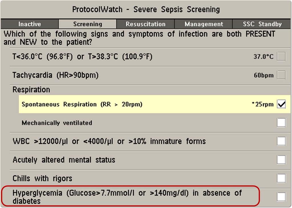 1 Addendum Addendum to the Instructions for Use Updated Screen for Severe Sepsis Screening Legend; Hyperglycemia (Glucose >7.