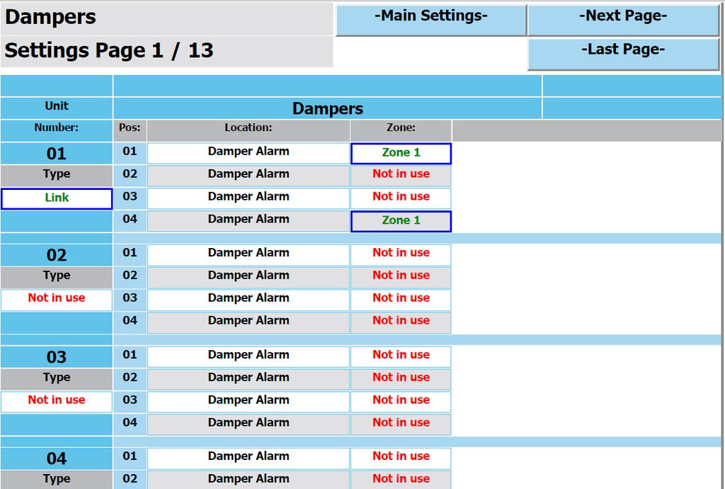 4.3 Dampers Up to 4 dampers can be connected to each link unit. Each damper has individual parameters. Unit Parameters: - Unit Number and Type: Unit number and type can be changed.