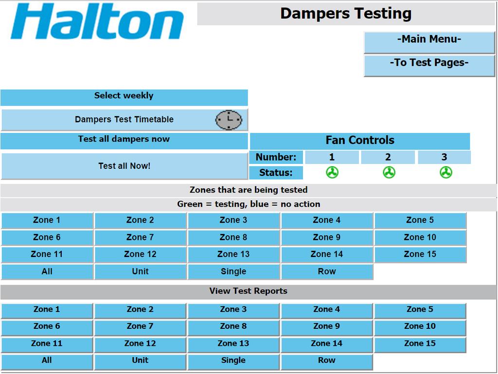 6 Test Dampers From this page you can test dampers programmatically. Test can be initiated by pressing test all now button, by timetable or pressing zone test buttons.