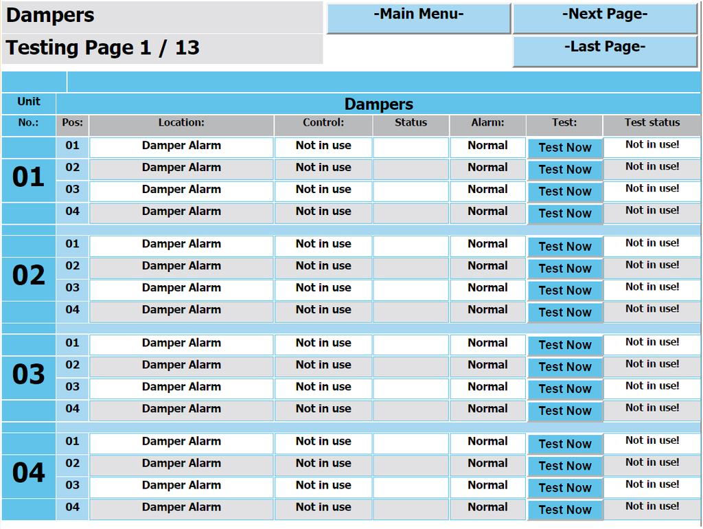 6.2 Test Pages Dampers control, state and test status can be viewed from the test pages. Dampers can also be tested individually.